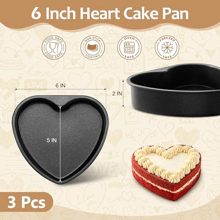E-far 6 Inch Heart Cake Pan, 3Pcs Nonstick Small Heart Shaped Cake Mold, Cake Tin Baking Pan for Valentine’s Day Anniversaries Wedding Birthday, Easy Release & Clean by E-far - Image 2