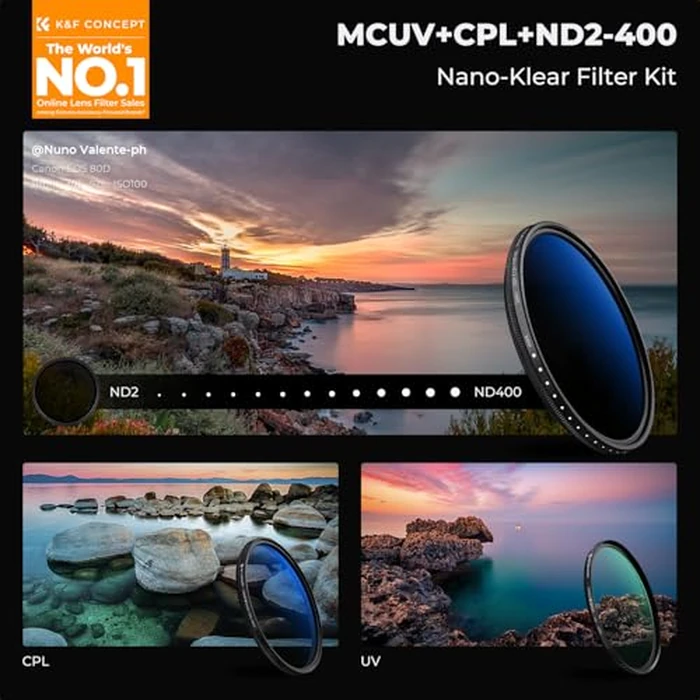 K&F Concept 55mm UV/CPL/ND2-400 Lens Filters Kit (3 PCS)-18 Multi-Layer Coatings, UV + Polarizer + Variable ND Lens Filters Kit (1-9 Stops) + Cleaning Cloth+ Filter Pouch for Camera Lens (K-Series) by K&F CONCEPT - Image 2