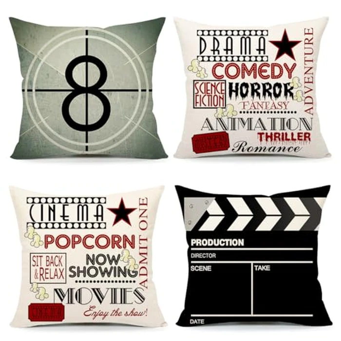4TH Emotion Home Movie Theater Pillow Covers Set of 4 18x18 Inch, Vintage Movie Room Accessories, TV Room Decorations, Retro Cinema Throw Cushion Case for Sofa Couch by 4TH Emotion - Used - Like New condition - US$15.83
