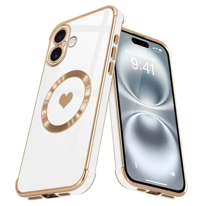 L-FADNUT Magnetic Case for iPhone 16 Plus Women Girl Luxury Plating Cute Love Heart Slim Cover Full Camera Lens Protection Compatible with MagSafe for iPhone 16 Plus,White by L-FADNUT - Used - Acceptable condition - CA$3.08