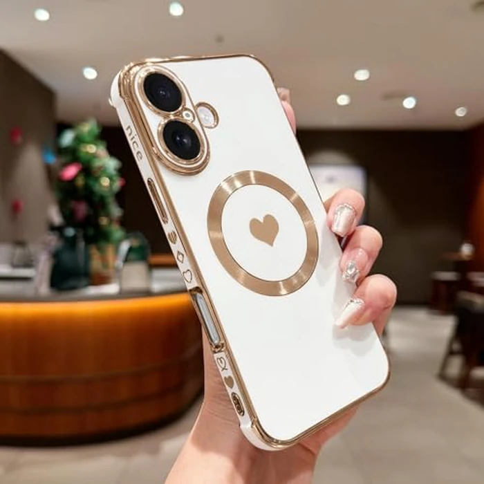 L-FADNUT Magnetic Case for iPhone 16 Plus Women Girl Luxury Plating Cute Love Heart Slim Cover Full Camera Lens Protection Compatible with MagSafe for iPhone 16 Plus,White by L-FADNUT - Image 6