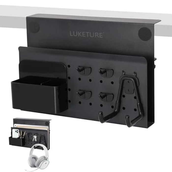 LUKETURE Desk Side Storage, No Drill Laptop Side Desk Mount, Steel Hanging Organizer, with Pegboard Accessories, Clamp on Laptop Holder for Office and Home, Fits Flat Edge Tables 0.3" to 2.8" by LUKETURE - Image 1
