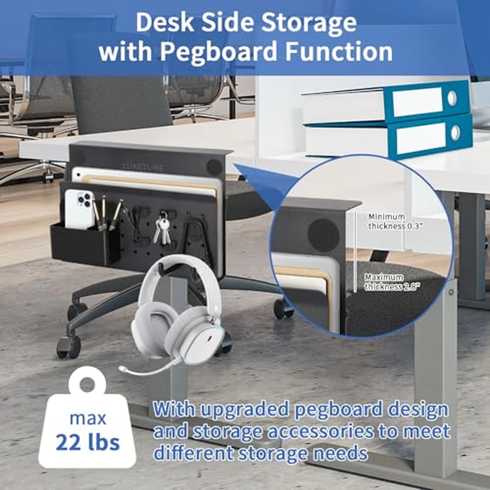LUKETURE Desk Side Storage, No Drill Laptop Side Desk Mount, Steel Hanging Organizer, with Pegboard Accessories, Clamp on Laptop Holder for Office and Home, Fits Flat Edge Tables 0.3" to 2.8" by LUKETURE - Image 2
