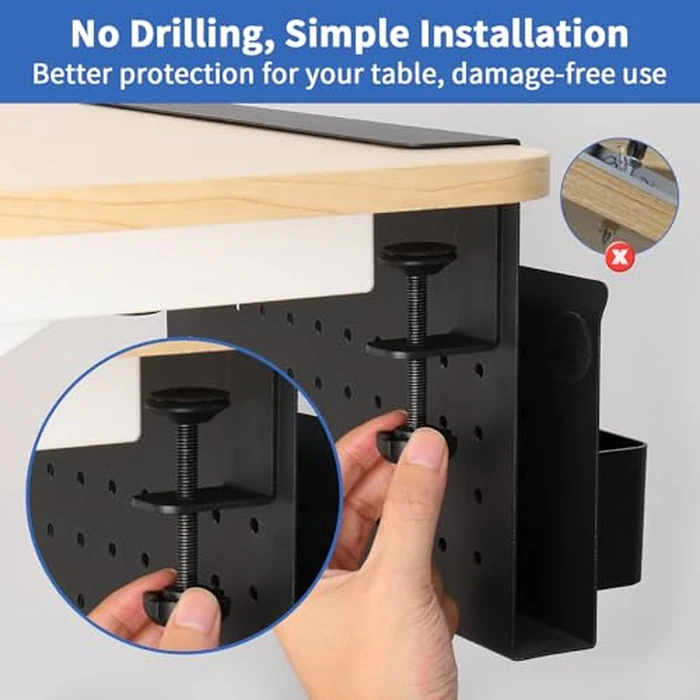 LUKETURE Desk Side Storage, No Drill Laptop Side Desk Mount, Steel Hanging Organizer, with Pegboard Accessories, Clamp on Laptop Holder for Office and Home, Fits Flat Edge Tables 0.3" to 2.8" by LUKETURE - Image 6