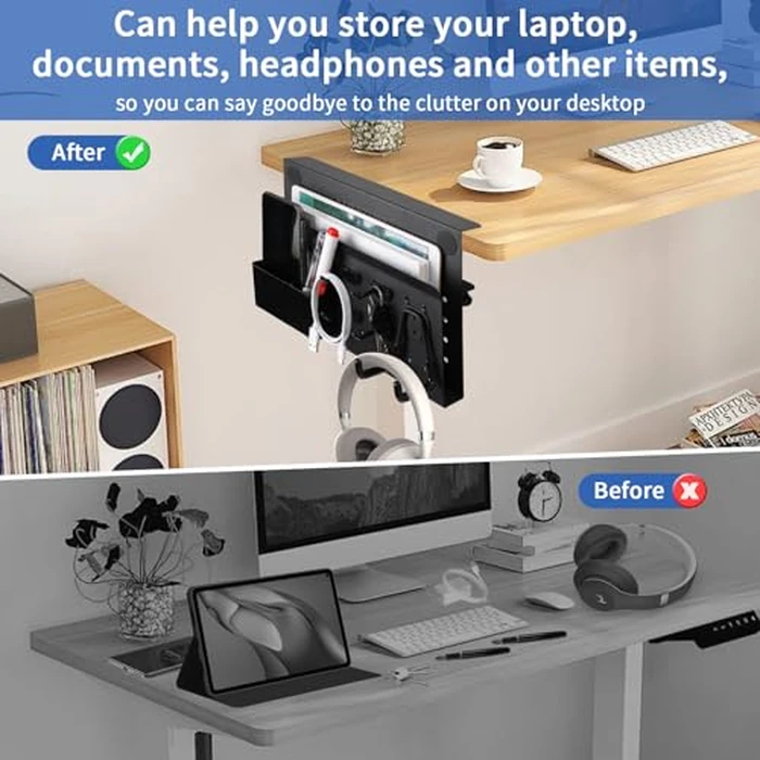 LUKETURE Desk Side Storage, No Drill Laptop Side Desk Mount, Steel Hanging Organizer, with Pegboard Accessories, Clamp on Laptop Holder for Office and Home, Fits Flat Edge Tables 0.3" to 2.8" by LUKETURE - Image 7