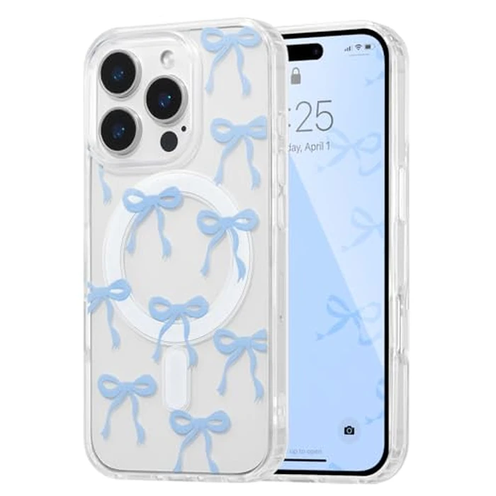 UEEBAI Magnetic for iPhone 13 Pro Max Case, Bow Case Compatible with MagSafe, Wireless Slim Clear Ribbon Aesthetic Phone Cover Anti-Yellowing Shockproof Protective Cover for Women Girl - Baby Blue by UEEBAI - Used - Very Good condition - CA$9.02