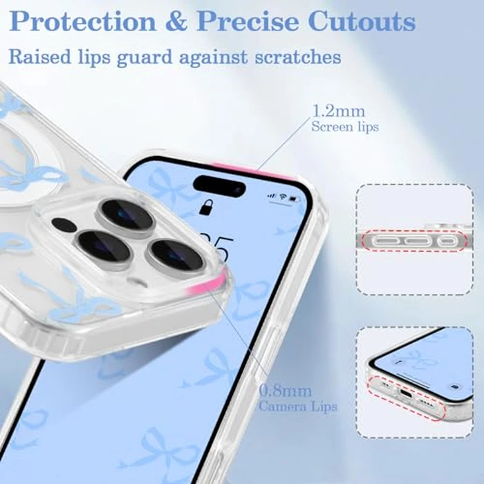 UEEBAI Magnetic for iPhone 13 Pro Max Case, Bow Case Compatible with MagSafe, Wireless Slim Clear Ribbon Aesthetic Phone Cover Anti-Yellowing Shockproof Protective Cover for Women Girl - Baby Blue by UEEBAI - Image 3