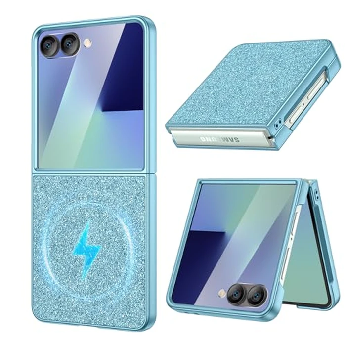 Maxdara for Z Flip 7 Magnetic Case, Bling Galaxy Z Flip 7 Case with Built-in Outer Screen Protector Luxury Slim Cover, Light Blue by Maxdara - Used - Acceptable condition
