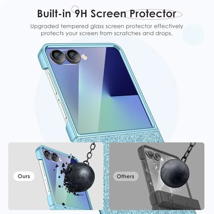 Maxdara for Z Flip 7 Magnetic Case, Bling Galaxy Z Flip 7 Case with Built-in Outer Screen Protector Luxury Slim Cover, Light Blue by Maxdara - Image 5