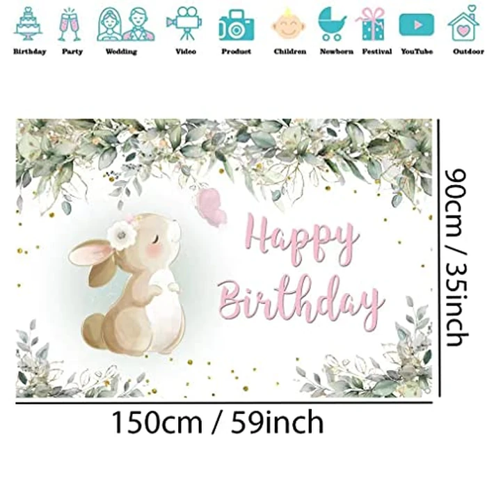 Birthday Decoration for Girls, Birthda y Banner Bunny B irthday Fabric Sign Poster, Happy Birth day Background Banner Girl 1st 2nd 3rd 4th 5th Birthday Party Decoration by Tecreo - Image 2