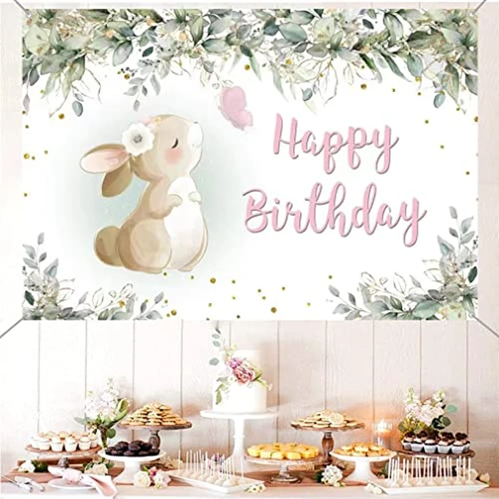 Birthday Decoration for Girls, Birthda y Banner Bunny B irthday Fabric Sign Poster, Happy Birth day Background Banner Girl 1st 2nd 3rd 4th 5th Birthday Party Decoration by Tecreo - Image 3