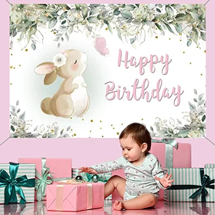 Birthday Decoration for Girls, Birthda y Banner Bunny B irthday Fabric Sign Poster, Happy Birth day Background Banner Girl 1st 2nd 3rd 4th 5th Birthday Party Decoration by Tecreo - Image 5