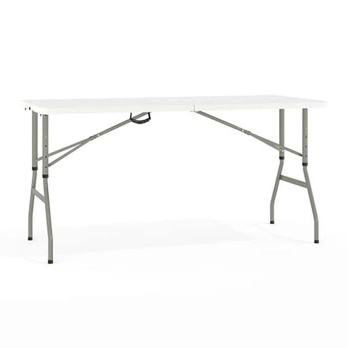 Flash Furniture Kathryn 5' Rectangular Plastic Folding Event Table with Carrying Handle, Bi-Fold Portable Banquet Table for Indoor/Outdoor Events, White, 27.25"D x 60"W x 34"H by Flash Furniture - Image 1