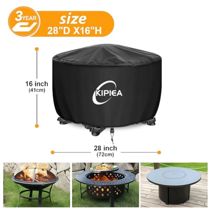 Kipiea Fire Table Covers, Waterproof Round Fire Pit Cover, Heavy Duty Outdoor Firepit Covers with Anti UV and No Tears, No Fading (28" D x 16" H) by Kipiea - Image 2