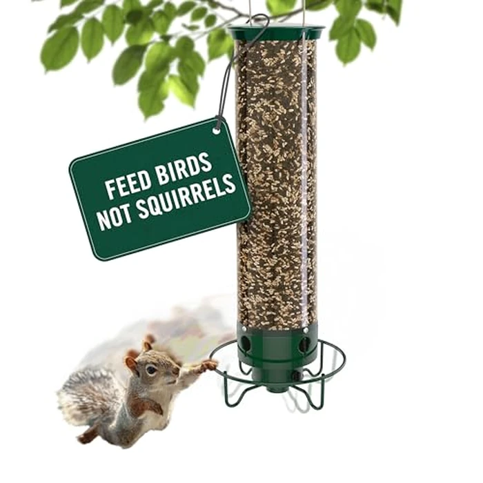 Droll Yankees Squirrel Proof Bird Feeder for Outdoors - Rechargeable Weight-Activated Rotating Perch, 5lb Seed Capacity, Metal Base, UV-Stabilized Seed Tube, Hanging Green Yankee Flipper, YF-M by Droll Yankees - Image 1