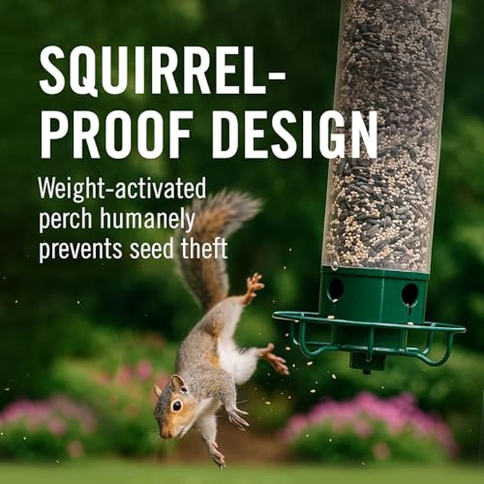 Droll Yankees Squirrel Proof Bird Feeder for Outdoors - Rechargeable Weight-Activated Rotating Perch, 5lb Seed Capacity, Metal Base, UV-Stabilized Seed Tube, Hanging Green Yankee Flipper, YF-M by Droll Yankees - Image 2