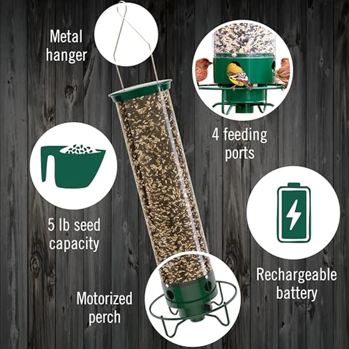 Droll Yankees Squirrel Proof Bird Feeder for Outdoors - Rechargeable Weight-Activated Rotating Perch, 5lb Seed Capacity, Metal Base, UV-Stabilized Seed Tube, Hanging Green Yankee Flipper, YF-M by Droll Yankees - Image 3