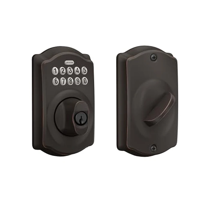 Schlage Camelot Electronic Keypad Deadbolt Lock, Keyless Front Door Entry, Mechanical Key Backup Included, Aged Bronze, BE365 V CAM 716 by SCHLAGE - Used - Acceptable condition - US$71.97