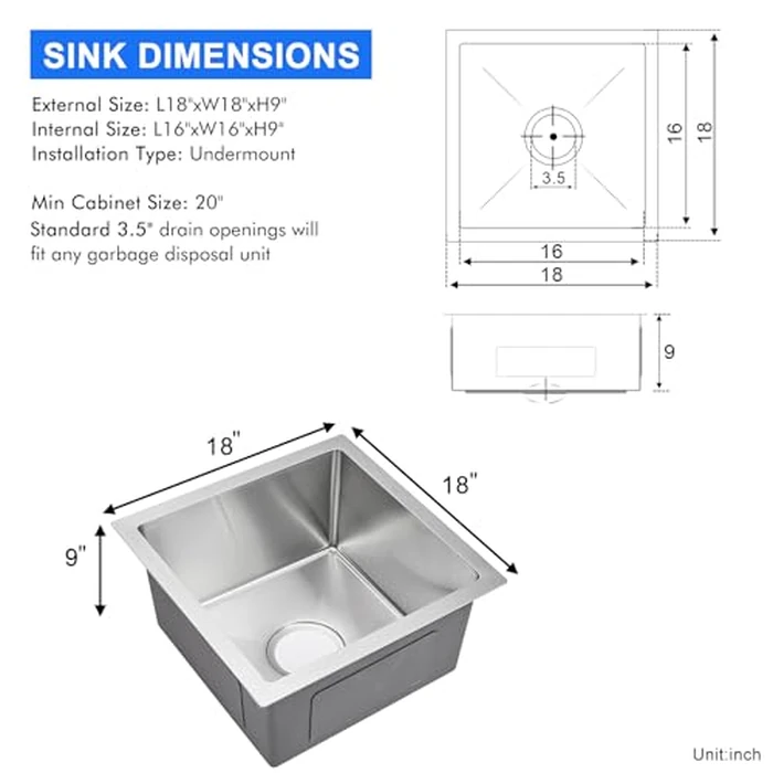 MENATT 18 x 18 inch Undermount Small Kitchen Sink, T-304 Stainless Steel Handmade Kitchen Bar Sink, Single Bowl Kitchen Sink with Strainer, Brushed by MENATT - Image 3