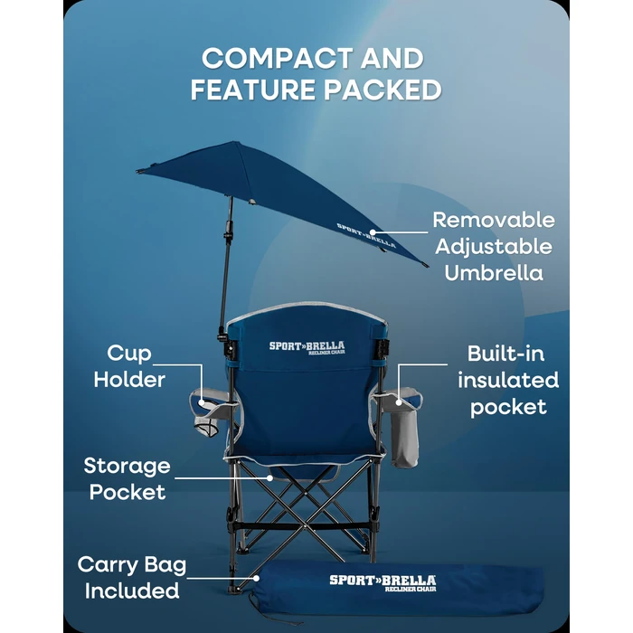 Sport-Brella Reclining Beach Chair (Midnight Blue) - 3-Position Adjustability, Detachable Footrest - 3-Way Swiveling UPF 50+ Umbrella - Insulated Drink Pocket, Cup Holder, Zippered Storage & Carry Bag by Sport-Brella - Image 5