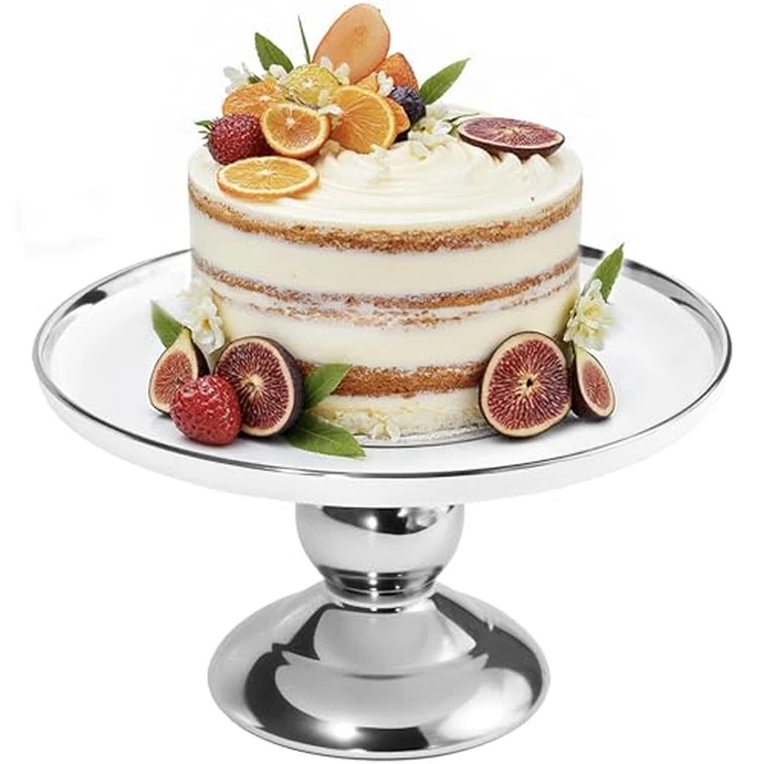 10 Inch White Ceramic Cake Stand, Elegant Wedding Cake Pedestal Stand for Party & Birthday,Round Porcelain Dessert Display Plate with Silver Non-Slip Base for Tea Party, Baby Shower, Home Decor by Krbnk - Used - Very Good condition - CA$29.23