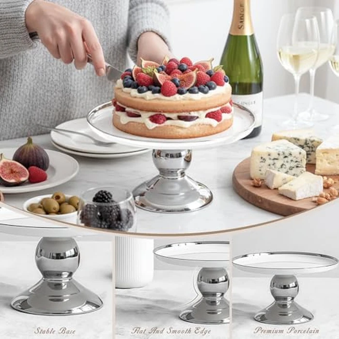 10 Inch White Ceramic Cake Stand, Elegant Wedding Cake Pedestal Stand for Party & Birthday,Round Porcelain Dessert Display Plate with Silver Non-Slip Base for Tea Party, Baby Shower, Home Decor by Krbnk - Image 3
