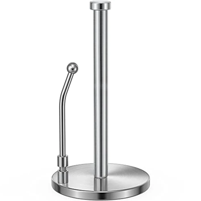 SMARTAKE Paper Towel Holder, Paper Towel Dispenser Standing Weighted Base Non Slip, Spring Arm for Easy Tear, Stainless Steel Paper Towel Holder for Home Kitchen Countertop Tabletop, Silver by SMARTAKE - Used - Good condition - US$14.06