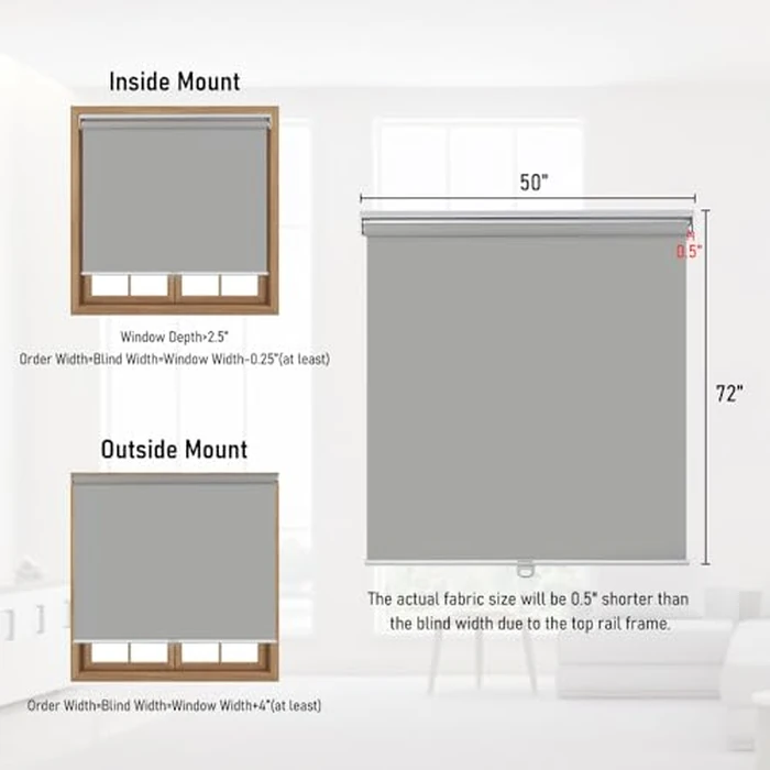 Kokorona Cordless Roller Shades Blackout Roller Blinds for Windows, Free-Stop Roller Window Shades Room Darkening Blinds Privacy Thermal Insulated for Home, Grey, 50" W X 72" H (127 W x H 183 cm) by Kokorona - Image 6