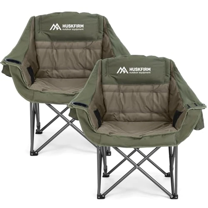Huskfirm 2 Pack Camping Chairs Oversized Padded Camping Chair Heavy-Duty Foldable Camping Chairs with Cup Holder and Cooler Bag Portable Lawn Chair for Sports Outdoors-Support 450LBS,Green by Huskfirm - Used - Very Good condition