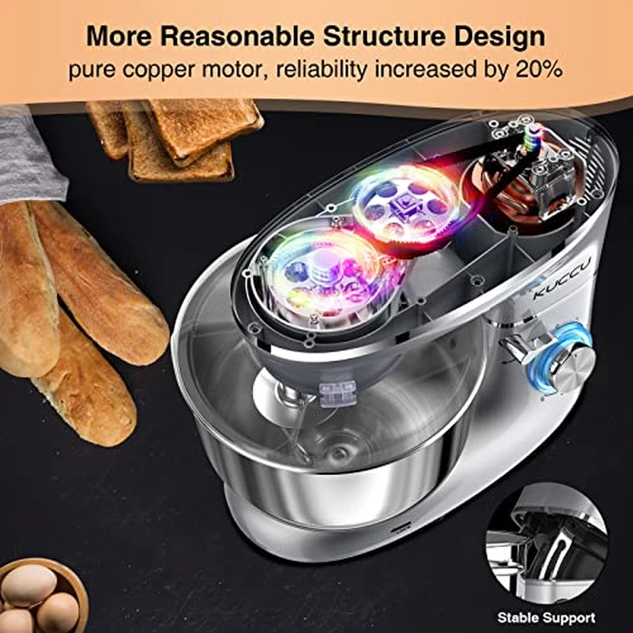 KUCCU 660W Stand Mixer, 6.5 Qt Tilt-Head Food Dough Mixer, 6+P Speeds Kitchen Electric Mixer with Stainless Steel Bowl,Dough Hook,Whisk, Beater, Egg white separator - Silver by KUCCU - Image 2
