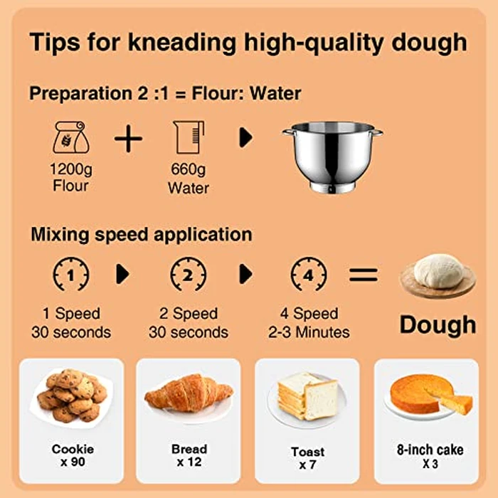 KUCCU 660W Stand Mixer, 6.5 Qt Tilt-Head Food Dough Mixer, 6+P Speeds Kitchen Electric Mixer with Stainless Steel Bowl,Dough Hook,Whisk, Beater, Egg white separator - Silver by KUCCU - Image 8