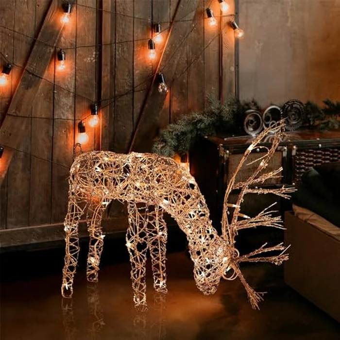 Alpine Corporation 24" Tall Outdoor Rattan Grazing Reindeer Lawn Decoration with White LED Lights, Indoor/Outdoor Christmas Holiday Yard Decor Garden Display by Alpine Corporation - Image 1