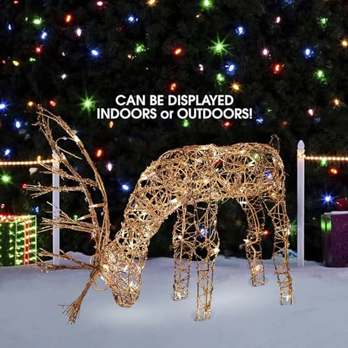 Alpine Corporation 24" Tall Outdoor Rattan Grazing Reindeer Lawn Decoration with White LED Lights, Indoor/Outdoor Christmas Holiday Yard Decor Garden Display by Alpine Corporation - Image 4