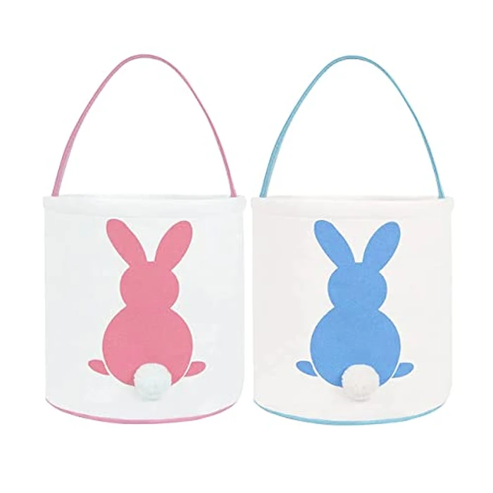 HY-MS 2 PCS Easter Bunny Basket, Canvas Bunny Basket Egg Bags Rabbit Fluffy Tails, Perfect for Easter Egg Hunts- Candy and Gifts Carry Bucket at Easter Party(Blue, Pink) by HY-MS - Used - Good condition