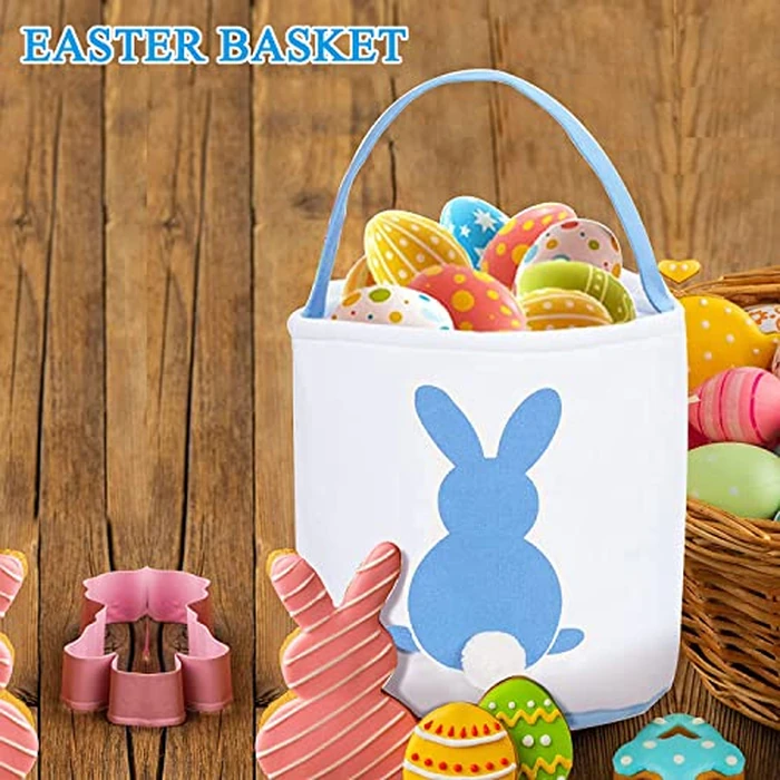HY-MS 2 PCS Easter Bunny Basket, Canvas Bunny Basket Egg Bags Rabbit Fluffy Tails, Perfect for Easter Egg Hunts- Candy and Gifts Carry Bucket at Easter Party(Blue, Pink) by HY-MS - Image 2