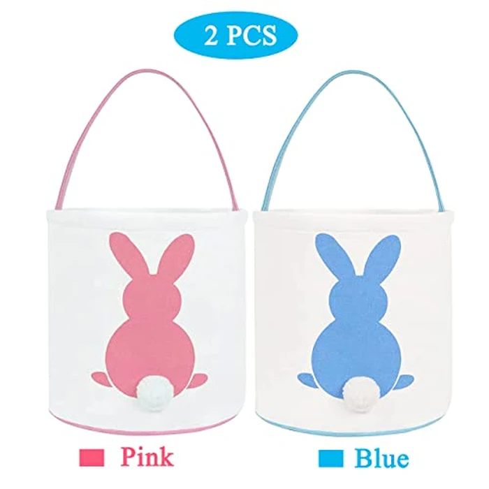 HY-MS 2 PCS Easter Bunny Basket, Canvas Bunny Basket Egg Bags Rabbit Fluffy Tails, Perfect for Easter Egg Hunts- Candy and Gifts Carry Bucket at Easter Party(Blue, Pink) by HY-MS - Image 3