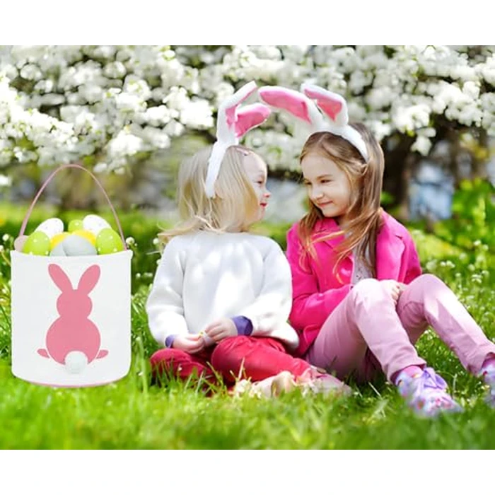 HY-MS 2 PCS Easter Bunny Basket, Canvas Bunny Basket Egg Bags Rabbit Fluffy Tails, Perfect for Easter Egg Hunts- Candy and Gifts Carry Bucket at Easter Party(Blue, Pink) by HY-MS - Image 6