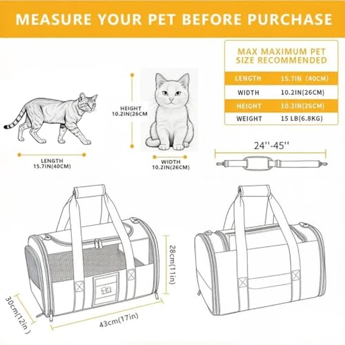 SECLATO Cat Carrier Pet Dog Carrier Airline Approved for Puppy Kitten Carriers Under 15lb, Collapsible Soft Sided TSA Approved Travel Carrier-Grey by SECLATO - Image 2