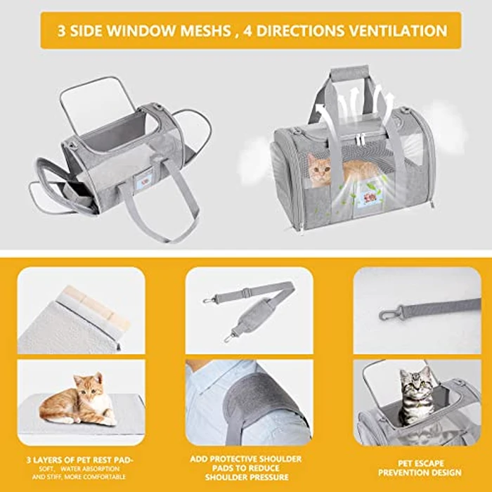 SECLATO Cat Carrier Pet Dog Carrier Airline Approved for Puppy Kitten Carriers Under 15lb, Collapsible Soft Sided TSA Approved Travel Carrier-Grey by SECLATO - Image 3