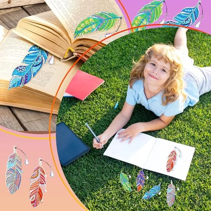 Viicoor Feather Diamond Art Bookmark Kit for Kids Adults, 8 PCS DIY Crystal Keychain Bookmarks with Gem Stickers, Sparkly Gifts for Girls, Boys, Readers, Book Lovers by Viicoor - Image 3