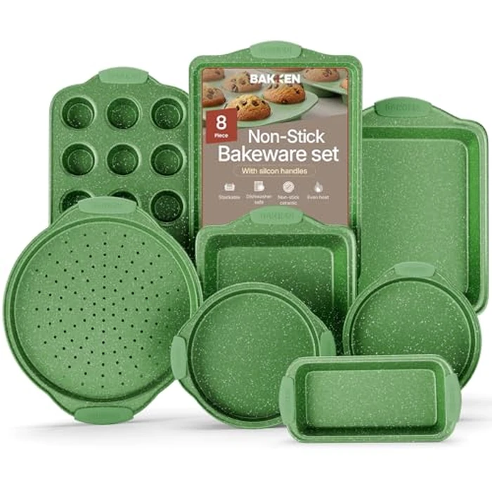 BAKKEN Kitchen Baking Pan Set - Nonstick Green Marble Coating, Carbon Steel Bakeware Sets with Green Silicone Handles, Kitchen Essentials, PFOA, PFOS, PTFE Free, Oven Safe (Up to 450 degrees F), Set of 8 by BAKKENMASTER - Image 1