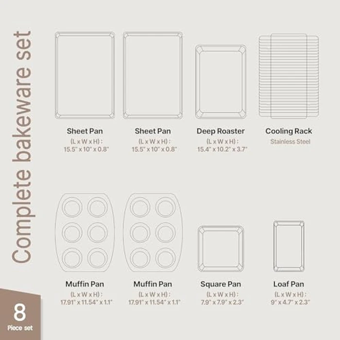 BAKKEN Kitchen Baking Pan Set - Nonstick Green Marble Coating, Carbon Steel Bakeware Sets with Green Silicone Handles, Kitchen Essentials, PFOA, PFOS, PTFE Free, Oven Safe (Up to 450 degrees F), Set of 8 by BAKKENMASTER - Image 2