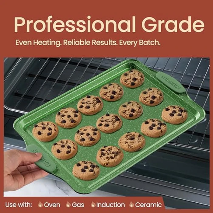 BAKKEN Kitchen Baking Pan Set - Nonstick Green Marble Coating, Carbon Steel Bakeware Sets with Green Silicone Handles, Kitchen Essentials, PFOA, PFOS, PTFE Free, Oven Safe (Up to 450 degrees F), Set of 8 by BAKKENMASTER - Image 3