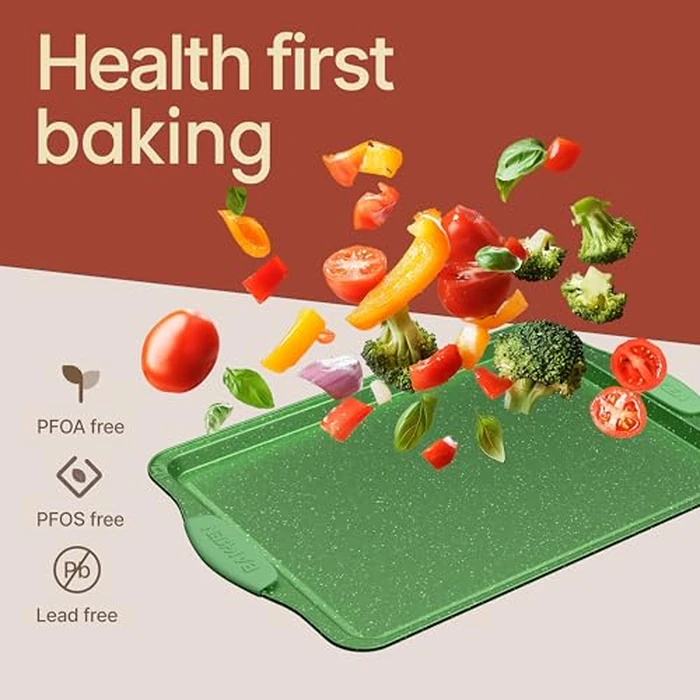 BAKKEN Kitchen Baking Pan Set - Nonstick Green Marble Coating, Carbon Steel Bakeware Sets with Green Silicone Handles, Kitchen Essentials, PFOA, PFOS, PTFE Free, Oven Safe (Up to 450 degrees F), Set of 8 by BAKKENMASTER - Image 6