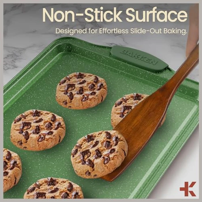 BAKKEN Kitchen Baking Pan Set - Nonstick Green Marble Coating, Carbon Steel Bakeware Sets with Green Silicone Handles, Kitchen Essentials, PFOA, PFOS, PTFE Free, Oven Safe (Up to 450 degrees F), Set of 8 by BAKKENMASTER - Image 7