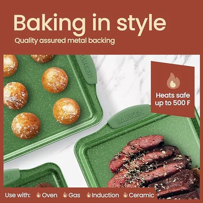 BAKKEN Kitchen Baking Pan Set - Nonstick Green Marble Coating, Carbon Steel Bakeware Sets with Green Silicone Handles, Kitchen Essentials, PFOA, PFOS, PTFE Free, Oven Safe (Up to 450 degrees F), Set of 8 by BAKKENMASTER - Image 8