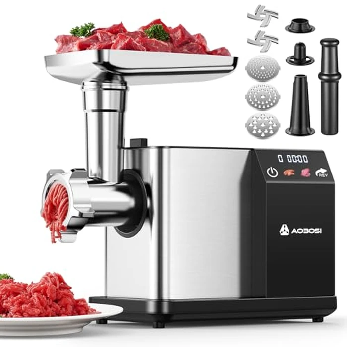 AAOBOSI Meat Grinder Electric 3000W Max with Touch Color Screen, Auto-Reverse & Built-in Storage - 3 Speed Settings,Grinding, Sausage & Kibbe Making for Home Use, Stainless Steel by AAOBOSI - Image 1