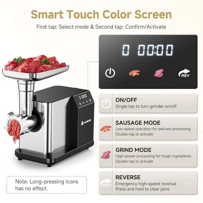 AAOBOSI Meat Grinder Electric 3000W Max with Touch Color Screen, Auto-Reverse & Built-in Storage - 3 Speed Settings,Grinding, Sausage & Kibbe Making for Home Use, Stainless Steel by AAOBOSI - Image 2