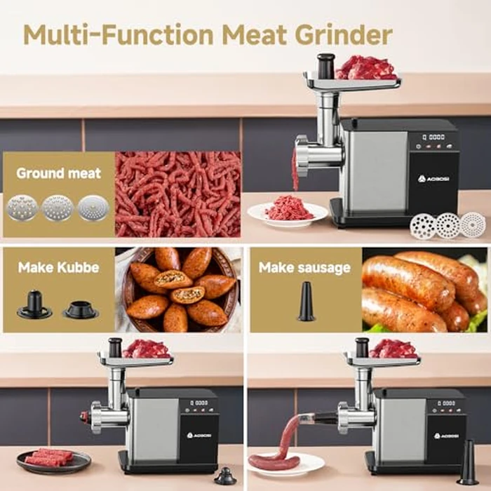 AAOBOSI Meat Grinder Electric 3000W Max with Touch Color Screen, Auto-Reverse & Built-in Storage - 3 Speed Settings,Grinding, Sausage & Kibbe Making for Home Use, Stainless Steel by AAOBOSI - Image 5