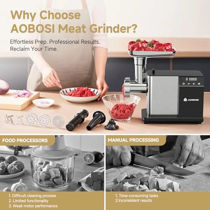 AAOBOSI Meat Grinder Electric 3000W Max with Touch Color Screen, Auto-Reverse & Built-in Storage - 3 Speed Settings,Grinding, Sausage & Kibbe Making for Home Use, Stainless Steel by AAOBOSI - Image 6